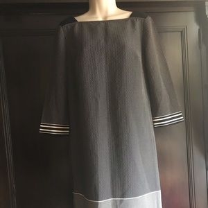 New Ann Taylor Dress Navy Blue Creme Polka Dot Stripe, Preppy, Office, Work MIDI